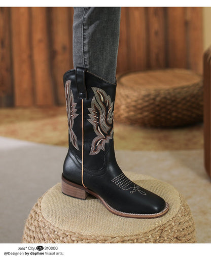 Western Cowboy Boots Embroidered Leather Mid Calf Rider Boots