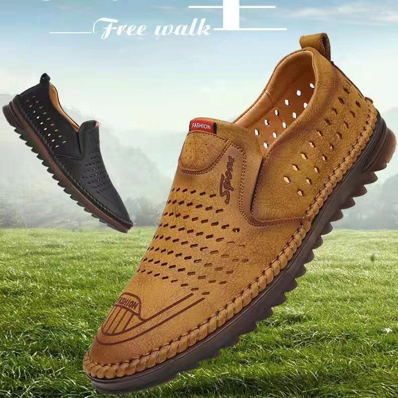 Trendy hollow breathable soft sole non-slip men's leather shoes