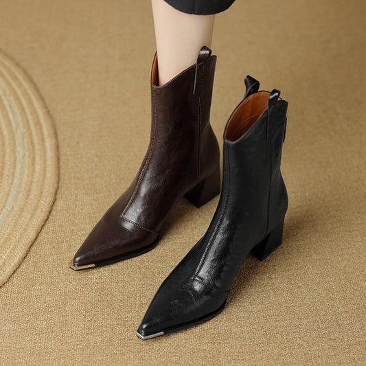 New Pleated Leather Micro Heel Iron Toe Rider Boots