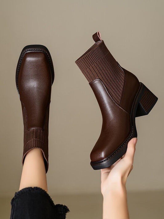 Temperament square toe knit upper mid-calf boots <Two Colors>