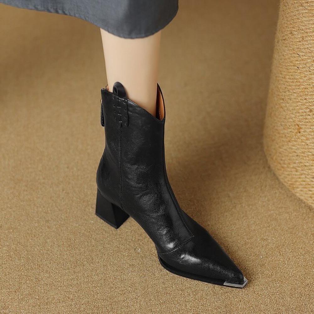 New Pleated Leather Micro Heel Iron Toe Rider Boots