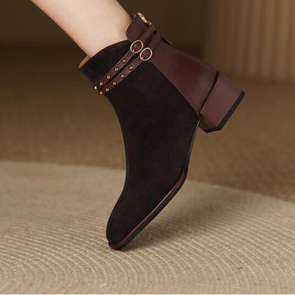 Frosted Leather Short Ankle French Vintage Double Belt Buckle Rivet Square Toe Chunky Heel Martin Boots