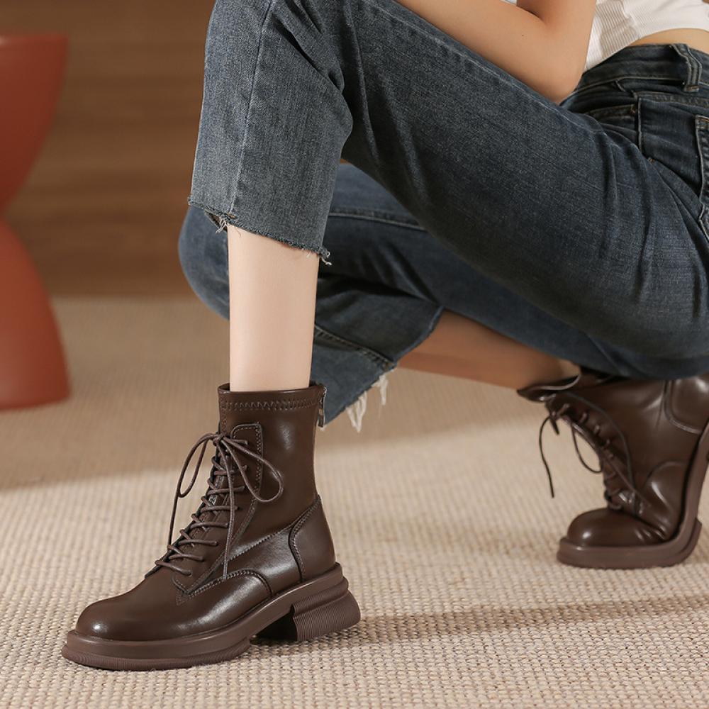 Thick Sole Chunky Heel Back Zipper Lace Up Boots<Three colors>