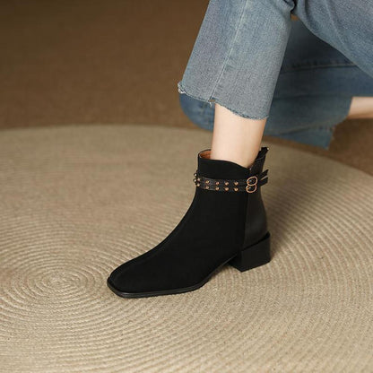 Frosted Leather Short Ankle French Vintage Double Belt Buckle Rivet Square Toe Chunky Heel Martin Boots