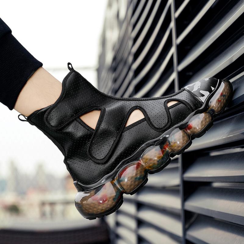 Trendy air-cushion thick-soled breathable hollow leather high-top sports sandals