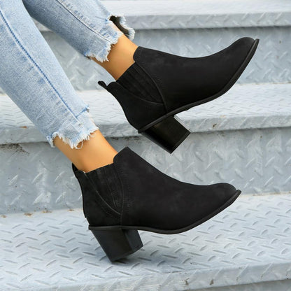 Pointed Toe Chunky Heel Suede Low Heel Boots