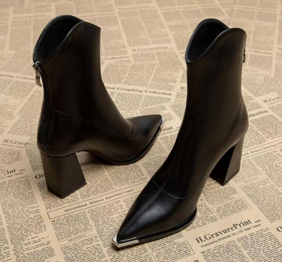 Pointed Toe Chunky Heel Fashion Genuine Soft Leather High Heel French Ankle Boots