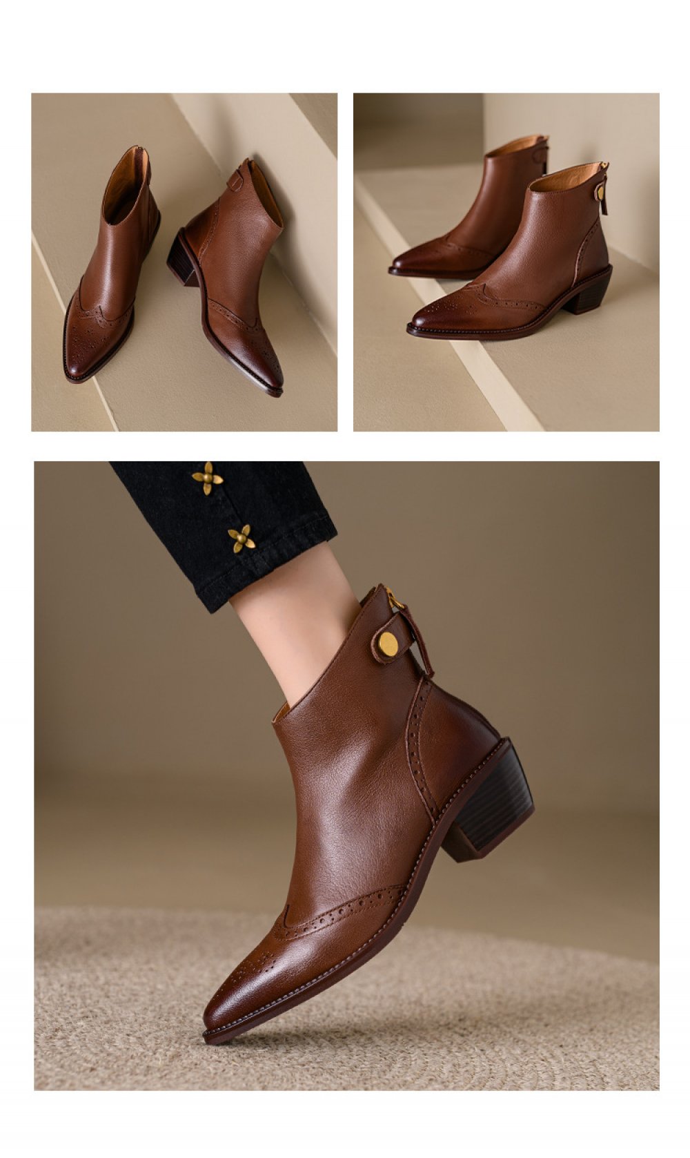 Pointed Toe Chunky Heel Boots French Vintage Brock Women's Boots