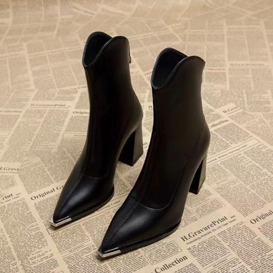 Pointed Toe Chunky Heel Fashion Genuine Soft Leather High Heel French Ankle Boots