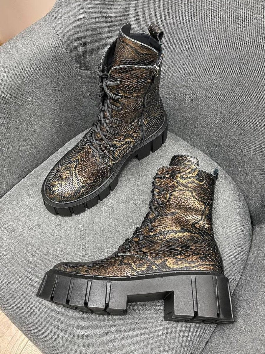 Designer snake print high top boots