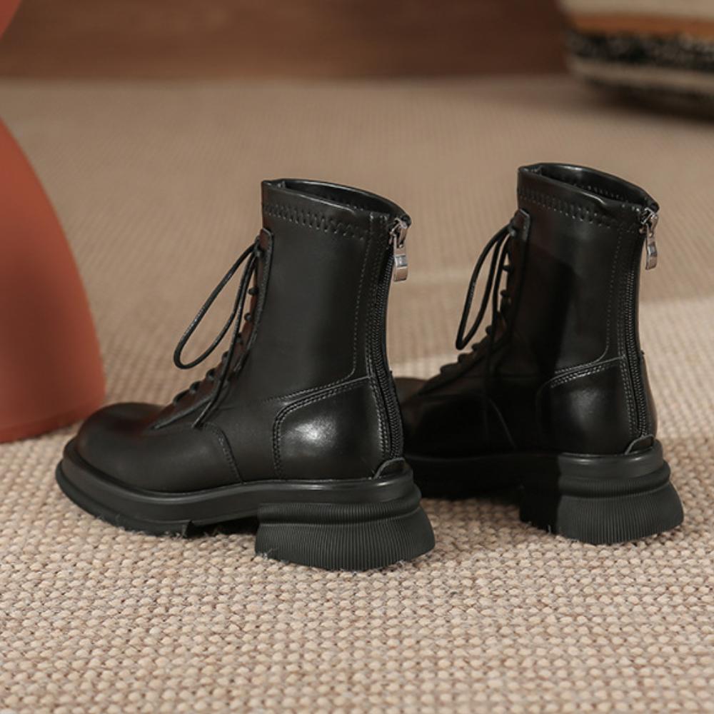 Thick Sole Chunky Heel Back Zipper Lace Up Boots<Three colors>