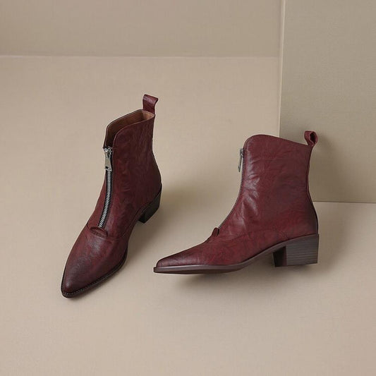 Design Pointed Toe Micro Heel Front Zipper Boots <Two Colors>