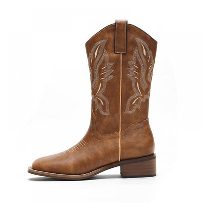 Western Cowboy Boots Embroidered Leather Mid Calf Rider Boots