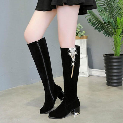 Chunky high heeled frosted leather side zipper padded warm thigh high boots