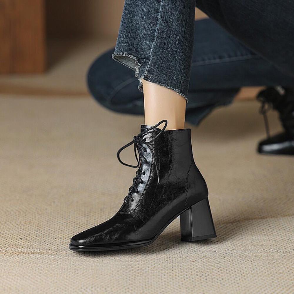 Vintage High Heel Square Toe Patchwork Lace-Up Boots