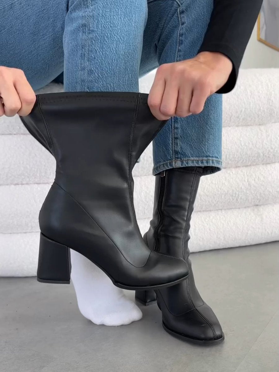 Simple Black Stretch Mid Calf Boots