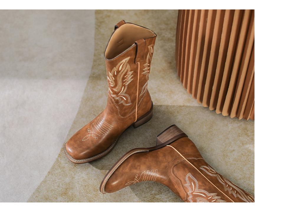 Western Cowboy Boots Embroidered Leather Mid Calf Rider Boots