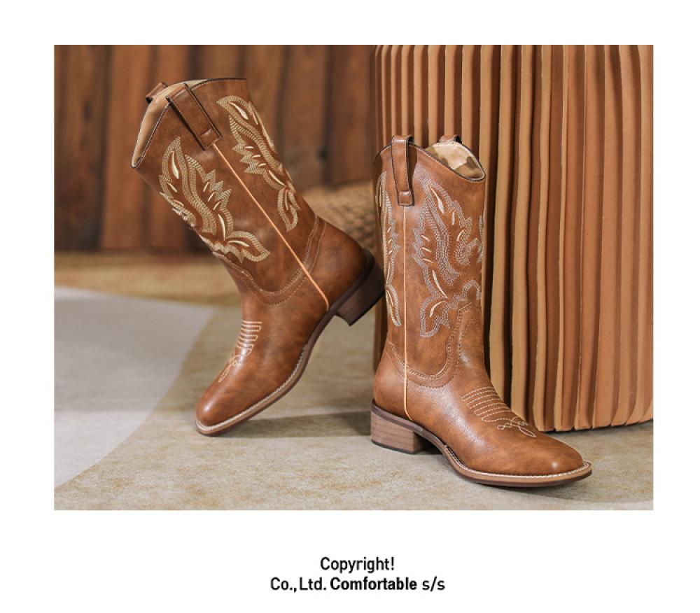 Western Cowboy Boots Embroidered Leather Mid Calf Rider Boots