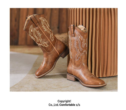 Western Cowboy Boots Embroidered Leather Mid Calf Rider Boots