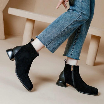 Patchwork Suede Chunky Heel Side Zipper Ankle Boots