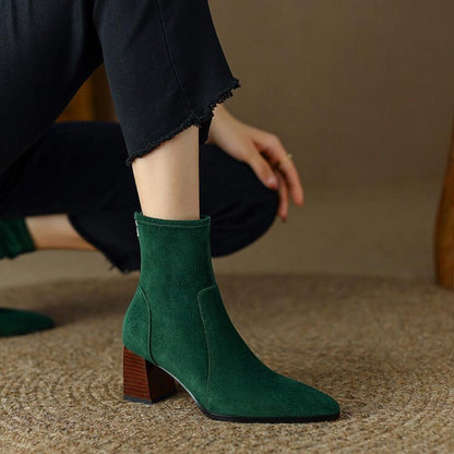 Pointed Toe Chunky Heel Boots Women Suede Mid Calf Boots   <Three🟢⚫️🟡 colors >                                                                               ⏰(New products on sale）