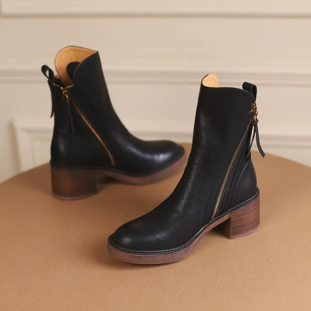 Shaped Zipper Chunky Heel Mid Calf Boots <Two colors>