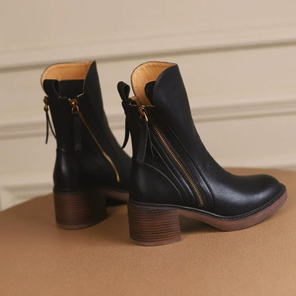 Shaped Zipper Chunky Heel Mid Calf Boots <Two colors>