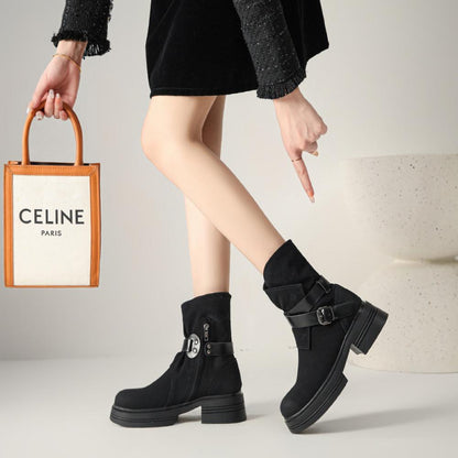 Niche Design Leather Chunky Heel Biker Boots Round Toe Rider Boots