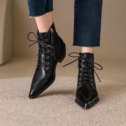 Retro Martin Boots Women's Pointed Toe British Style Lace Up Small Leather Boots