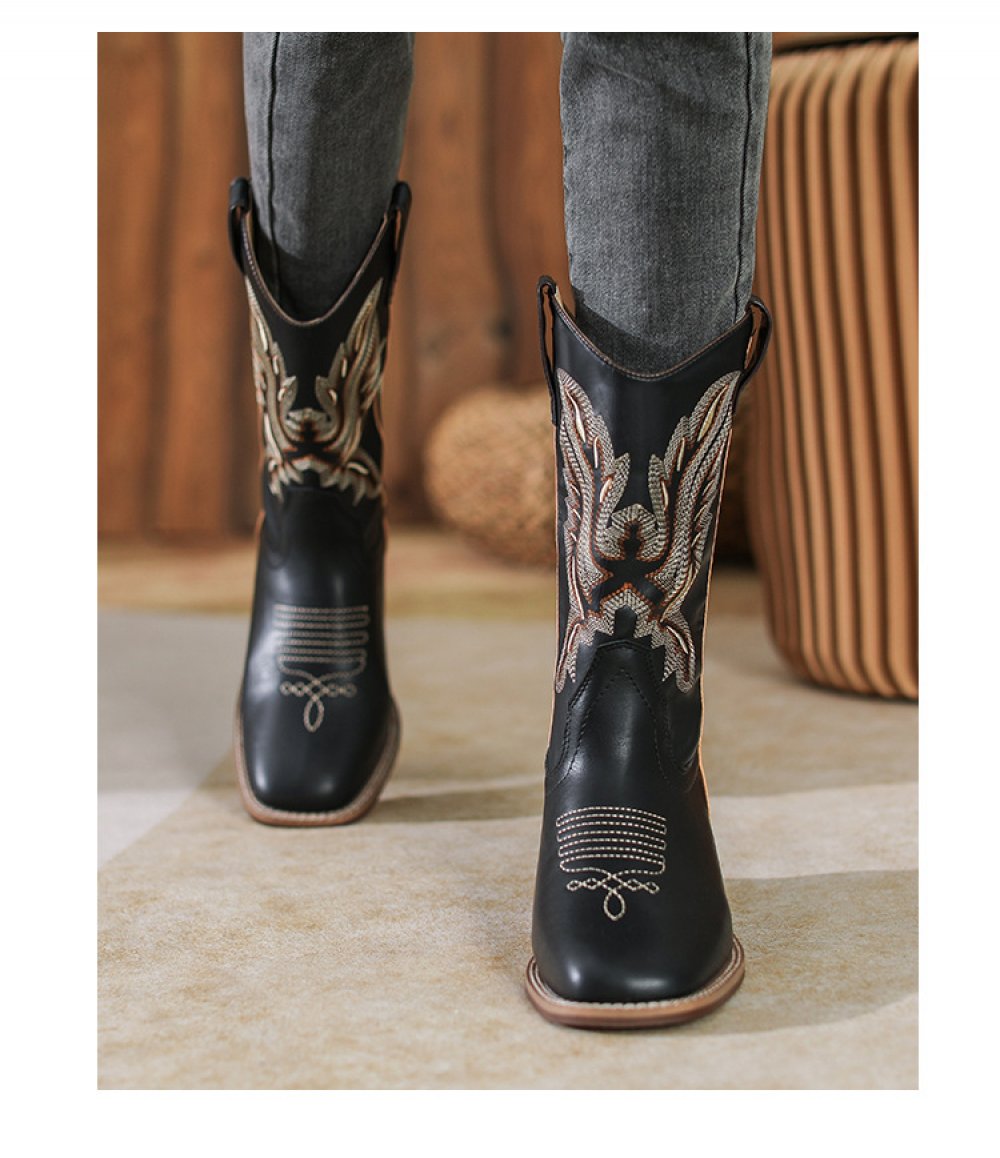 Western Cowboy Boots Embroidered Leather Mid Calf Rider Boots