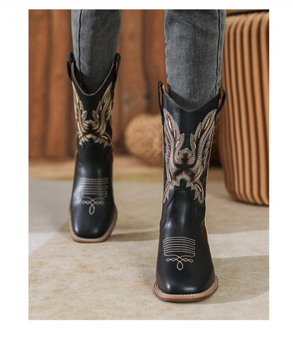 Western Cowboy Boots Embroidered Leather Mid Calf Rider Boots