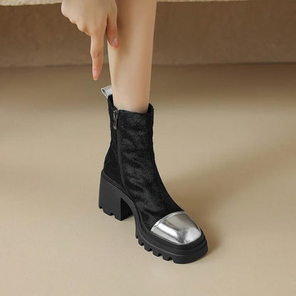 Trendy Thick Bottom Patchwork Toe Pony Hair Leather Boots