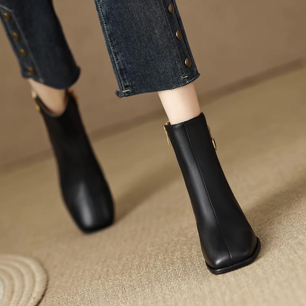 Retro Square Toe French Thousand Bird Check Chunky Heel Martin Boots Belt Buckle Temperament Ankle Boots