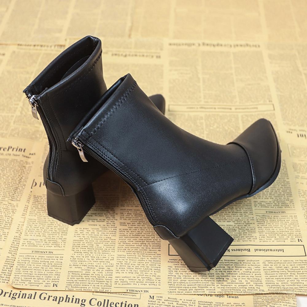 Pointed toe chunky heel short fashion boots