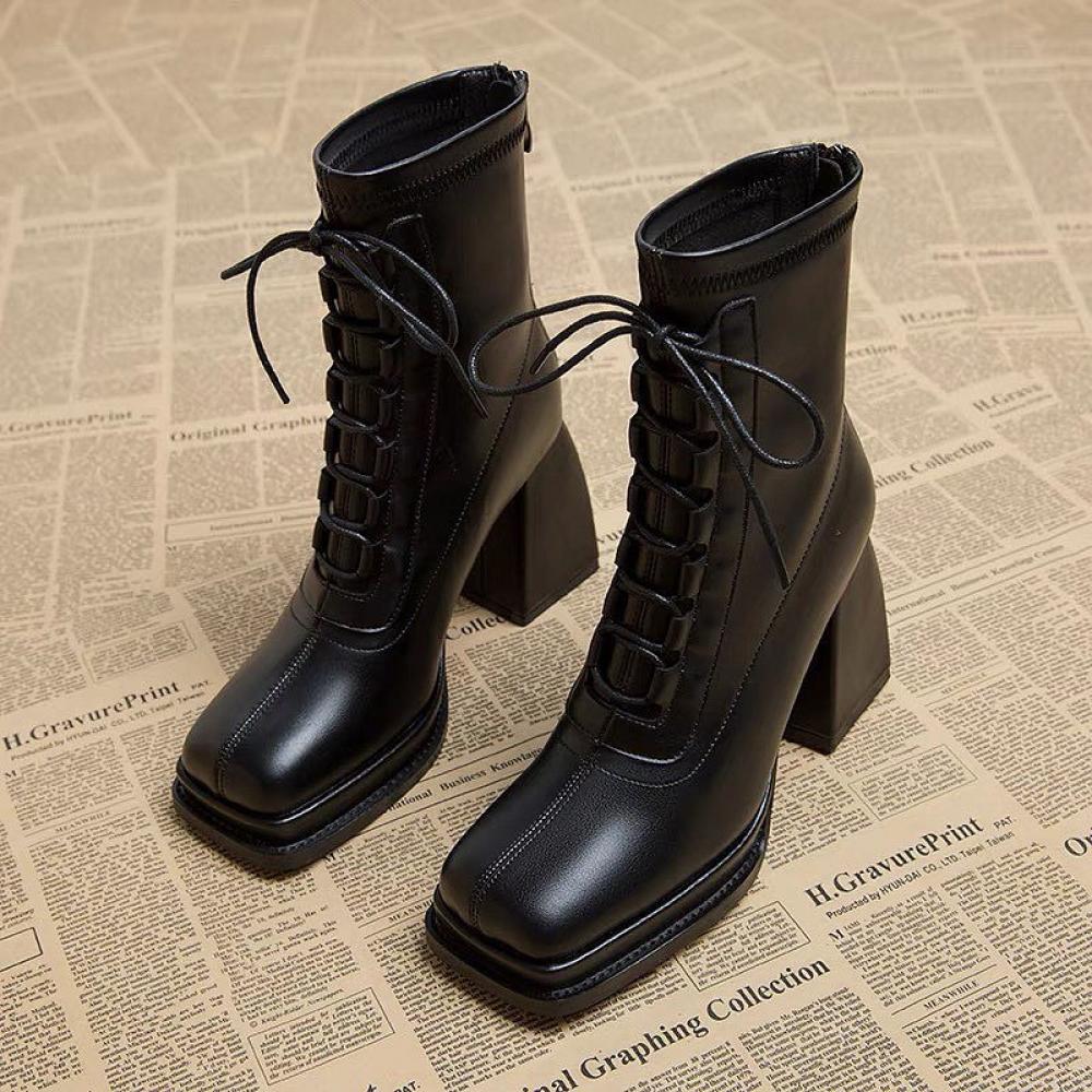 Trendy High Heel Chunky Lace Up Model Back Zipper Square Toe Martin Boots<Two Colors>