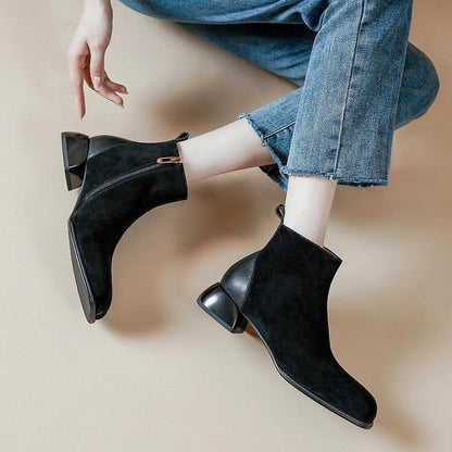 Patchwork Suede Chunky Heel Side Zipper Ankle Boots