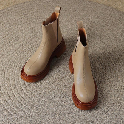 French Round Toe Simple Thick Sole Mid Heel Round Toe Chelsea