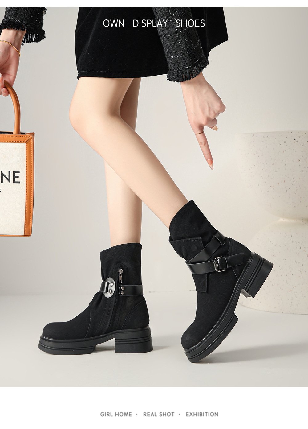 Niche Design Leather Chunky Heel Biker Boots Round Toe Rider Boots