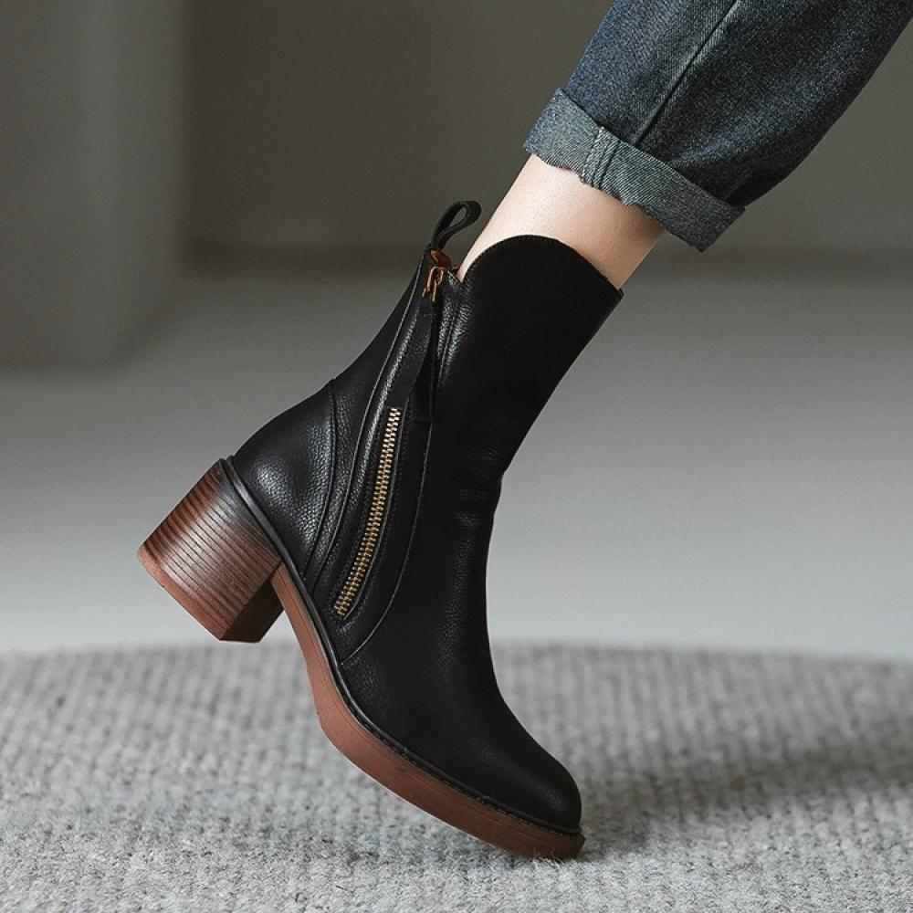 Shaped Zipper Chunky Heel Mid Calf Boots <Two colors>