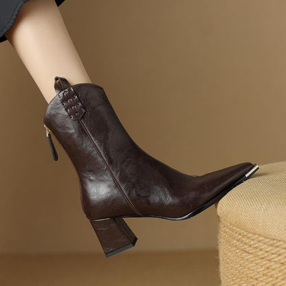 New Pleated Leather Micro Heel Iron Toe Rider Boots