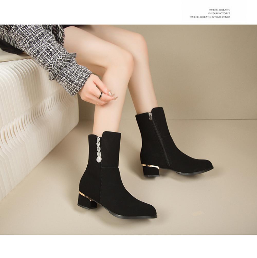 Fashion Boots Frosted Leather Short Boots Rhinestone Side Zipper Mid Heel Boots