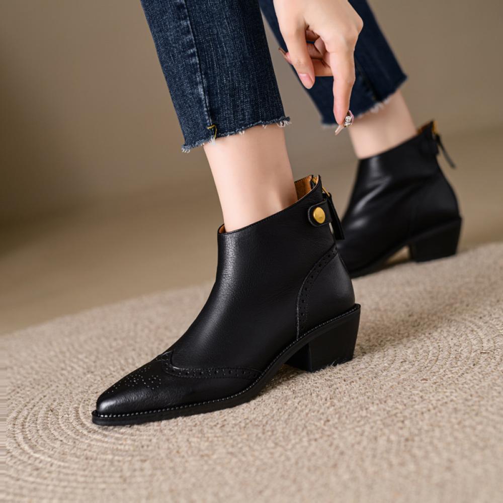 Pointed Toe Chunky Heel Boots French Vintage Brock Women's Boots