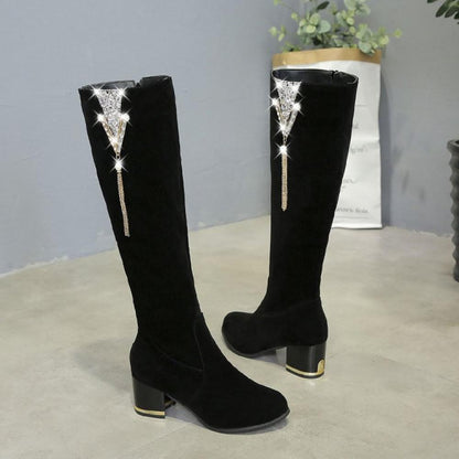 Chunky high heeled frosted leather side zipper padded warm thigh high boots