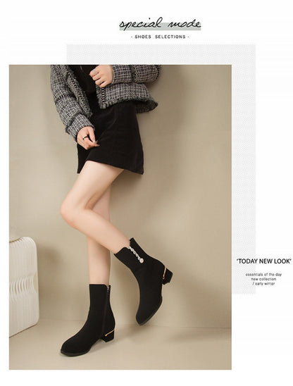 Fashion Boots Frosted Leather Short Boots Rhinestone Side Zipper Mid Heel Boots