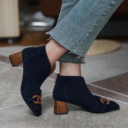 Fashion High Heel Three Ring Buckle Suede Back Open Zipper Boots