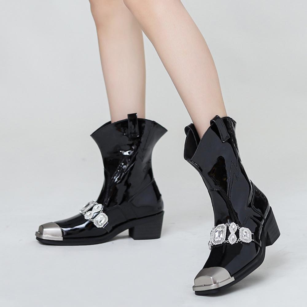 Diamond Patent Leather Metal Toe Niche Fashion Flare Chunky Heel Knight Boots