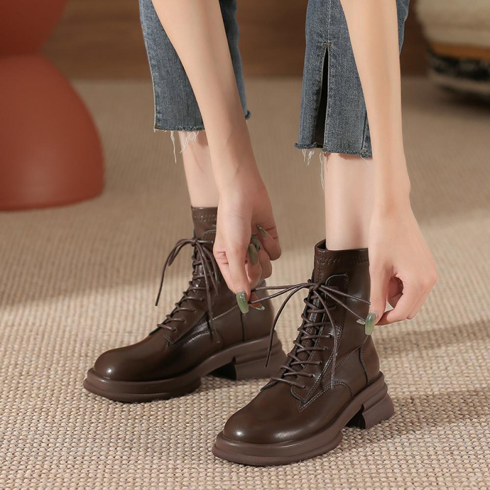 Thick Sole Chunky Heel Back Zipper Lace Up Boots<Three colors>