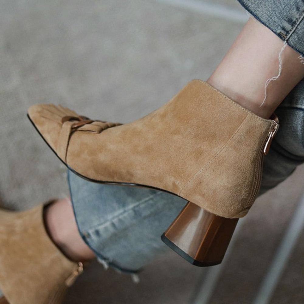 Fashion High Heel Three Ring Buckle Suede Back Open Zipper Boots