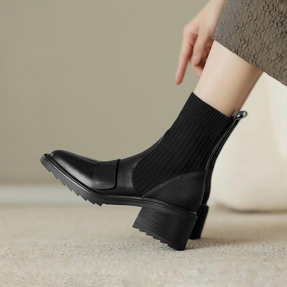 Casual Square Toe Lace-Up Knit Pumps Boots