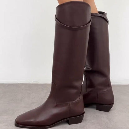 Basic Brown Belt Buckle Flat Square Toe Boots